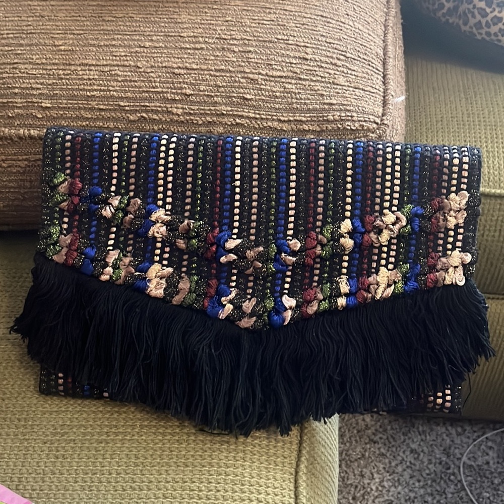 Stella & Dot Taj Shimmer Woven Clutch w/Fringe